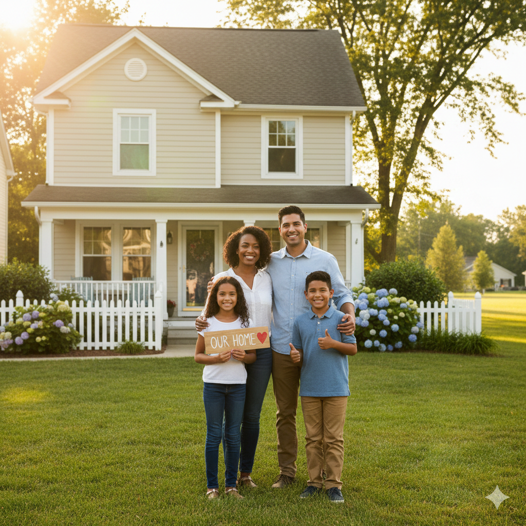 Family in front of home